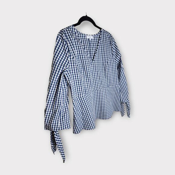 Universal Standard for J. Crew Gingham Tie Sleeve Blouse Checkered Women’s Med - Picture 3 of 7